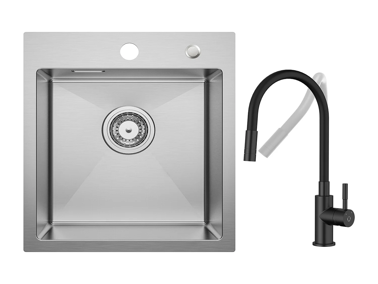 Évier de Cuisine 1 Bac 40 × 45 cm Évier Inox Évier Encastré Brossé + Flexible Mitigeur de Cuisine, 2 Types de Jets  Robinet Extractible Noir