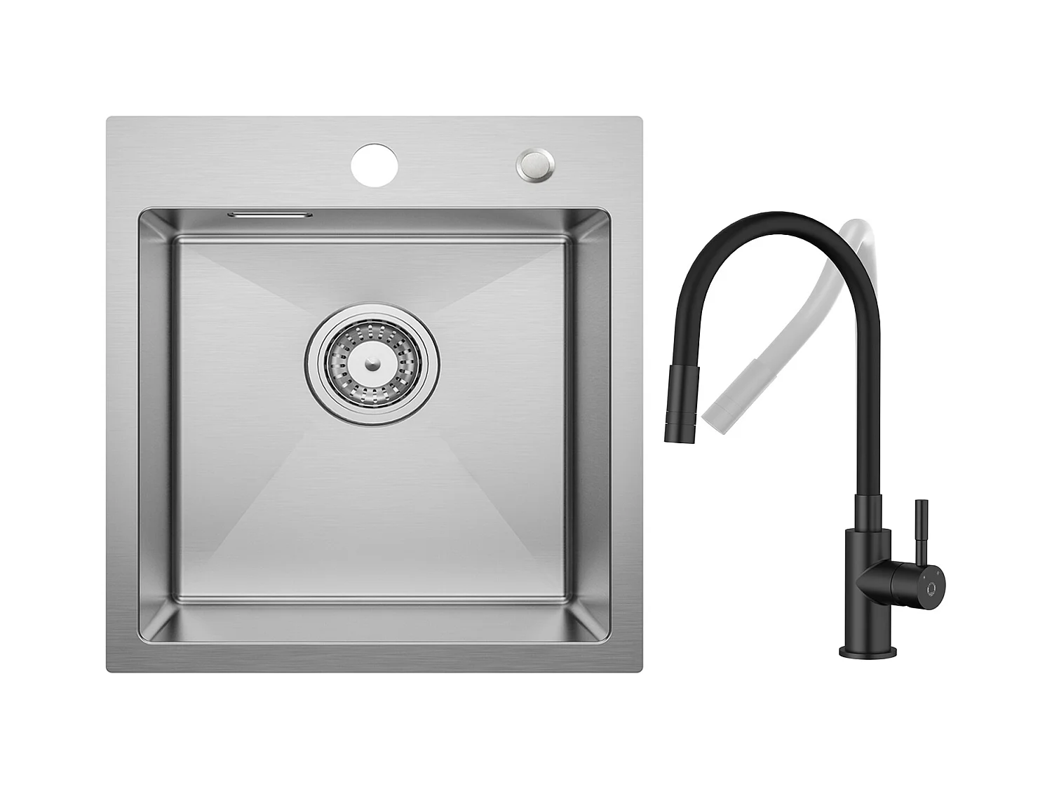 Évier de Cuisine 1 Bac 40 × 45 cm Évier Inox Évier Encastré Brossé + Flexible Mitigeur de Cuisine, 2 Types de Jets  Robinet Extractible Noir