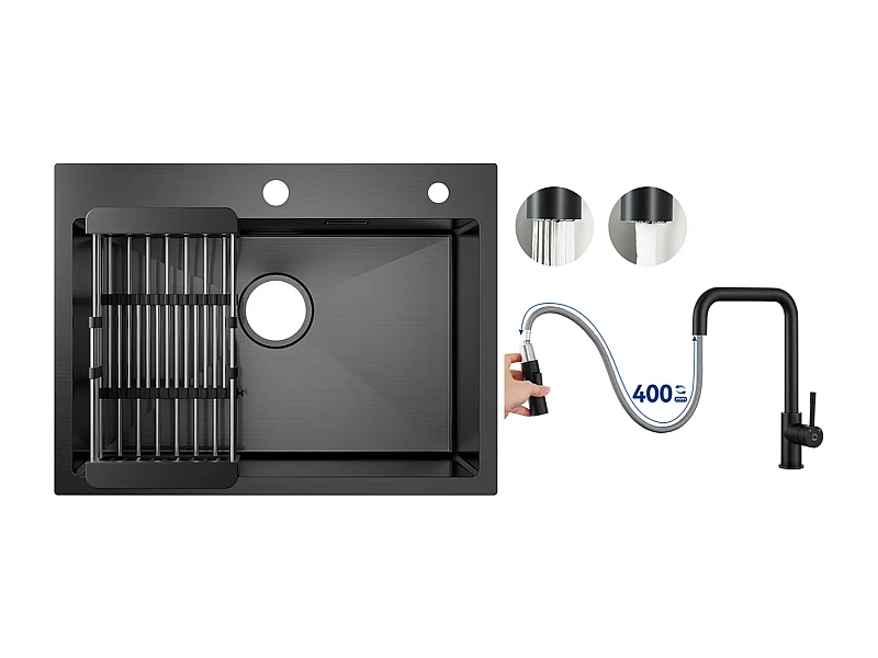 Fregadero de cocina 1 seno 60×45×18CM Fregadero de acero inoxidable negro con escurridor + grifo monomando con ducha extraíble, negro