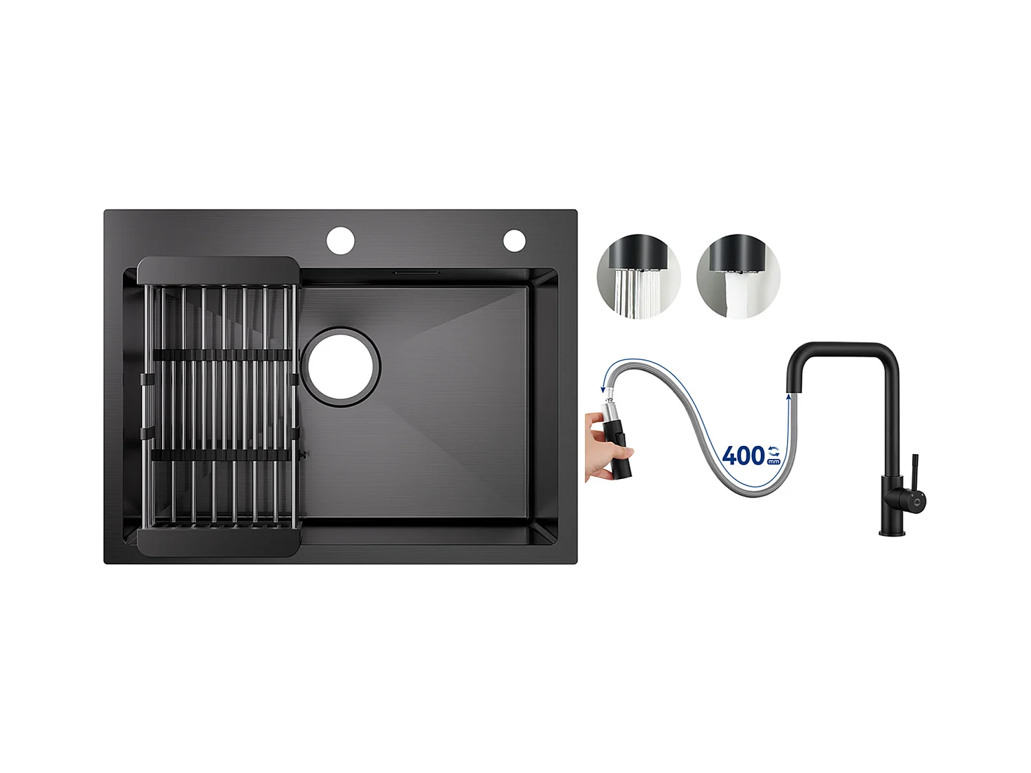 Évier Cuisine 1 Bac 60×45×18CM Évier Inox Noir avec Panier de Drainage + Mitigeur avec Douchette Extractible, Noir