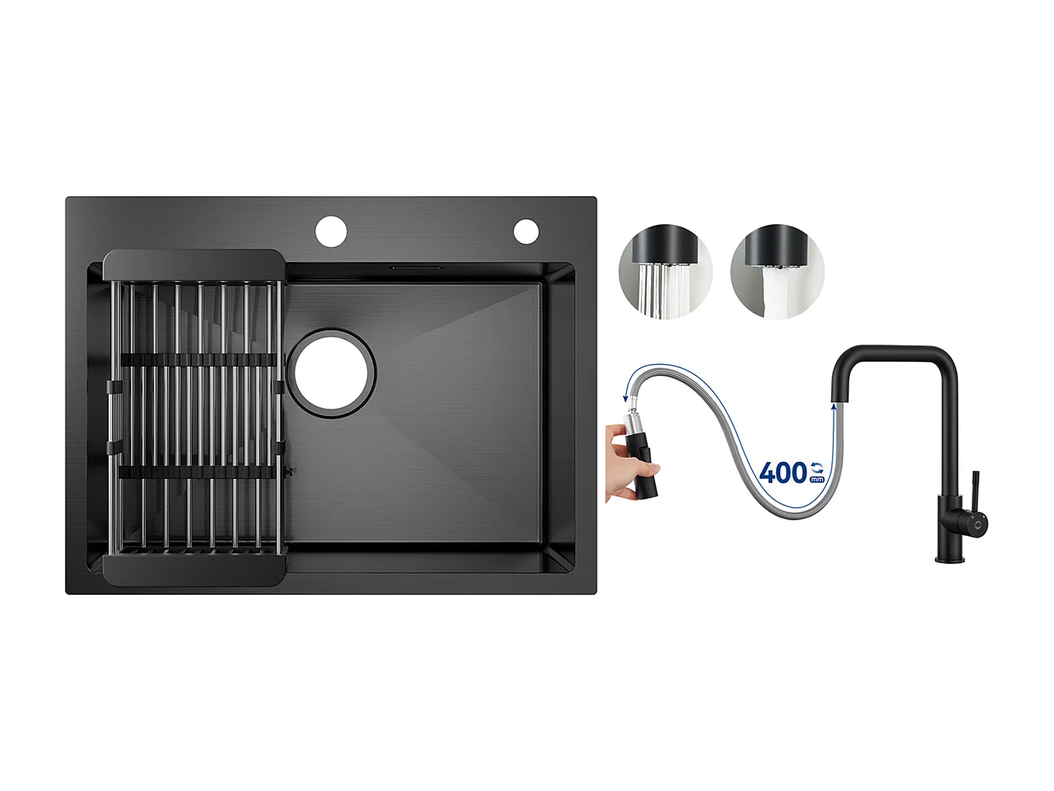 Fregadero de cocina 1 seno 60×45×18CM Fregadero de acero inoxidable negro con escurridor + grifo monomando con ducha extraíble, negro