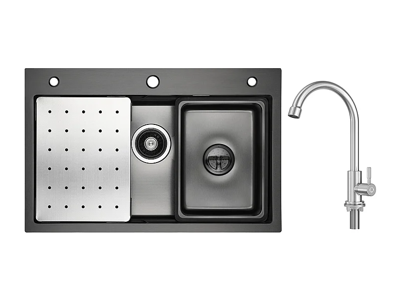 1 Becken Küchenspüle 70×45cm + Abtropffläche + Becken + Seifenspender + Kaltwasser Küchenarmatur, Gebürstet