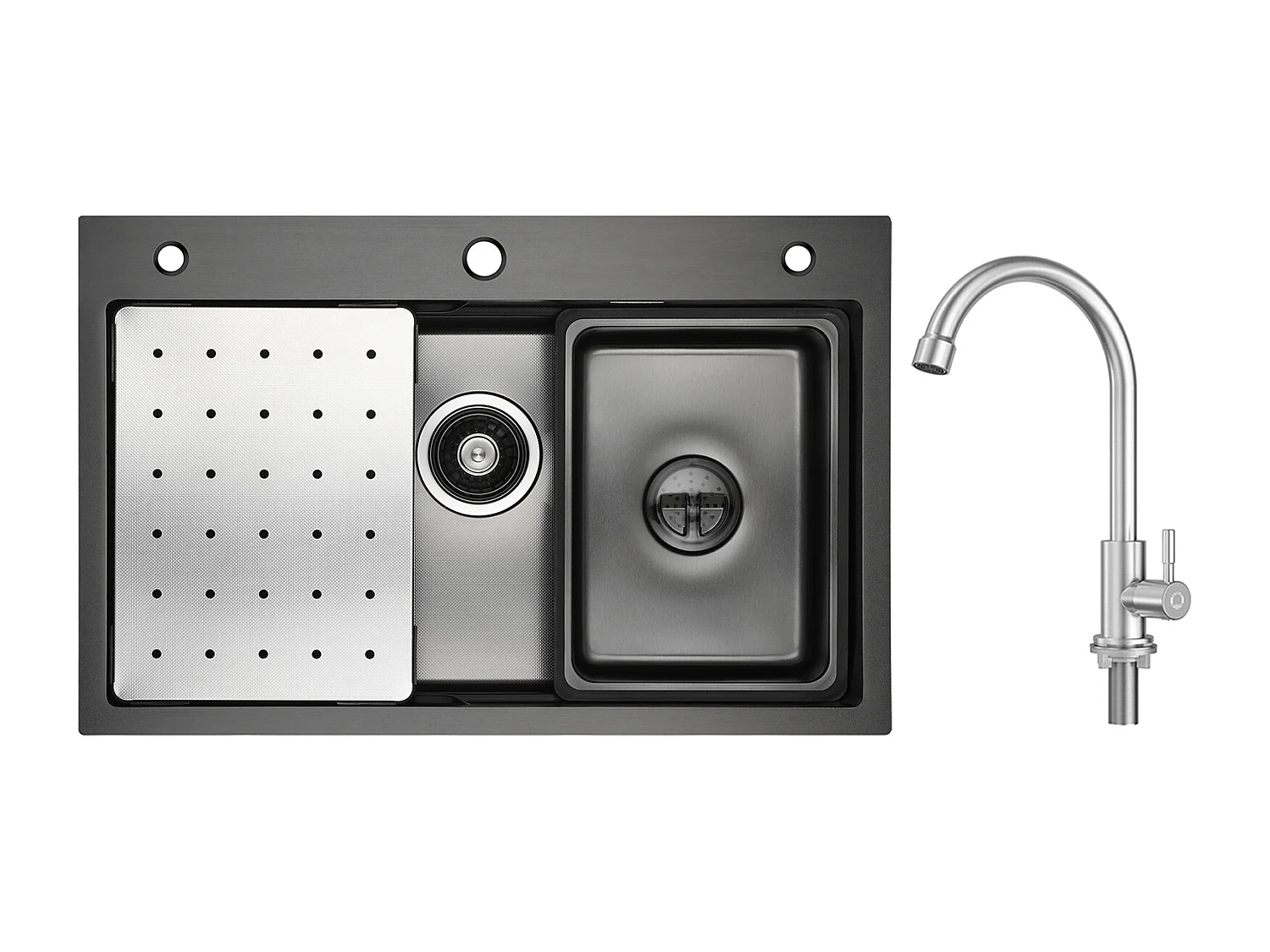 Évier de Cuisine 1 Cuve 70×45cm + Egouttoir + Vasque + Distributeur de Savon + Robinet de Cuisine à eau Froide,Brossé