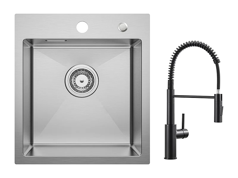 Cecipa max Einzelbecken Küchenspüle 40×45 cm Edelstahlspüle Gebürstet Einbauspüle + Schwarze Feder Küchenarmatur mit Ausziehbarer Brause