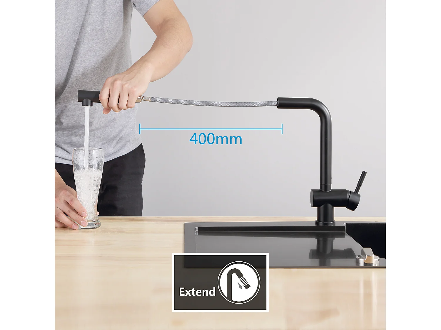 Cecipa max Inbouw RVS Spoelbak 40*44cm Aanrecht 1 Kom Zwart + Keukenkranen met Uittrekbare Sproeier, Spoelbakmengkraan 2 Sproeistanden