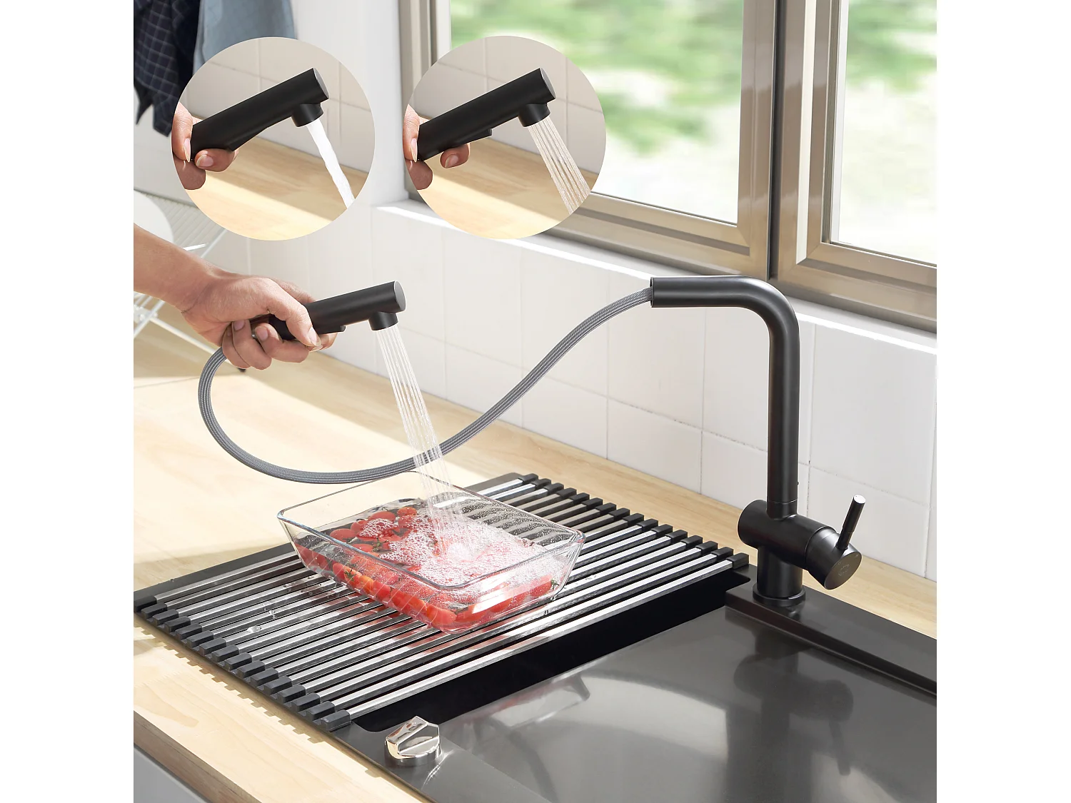 Cecipa max Einbauspüle aus Edelstahl 40*44cm Einzelbecken Schwarze Küchenspüle + Küchenarmaturen mit ausziehbarer Brause, Spültisch-Mischbatterie 2 Sprühmodi