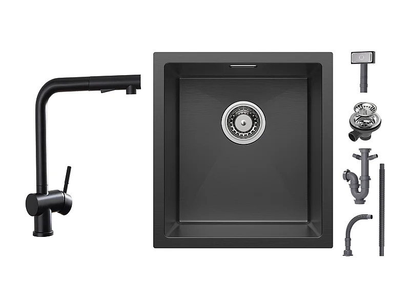Cecipa max Inbouw RVS Spoelbak 40*44cm Aanrecht 1 Kom Zwart + Keukenkranen met Uittrekbare Sproeier, Spoelbakmengkraan 2 Sproeistanden