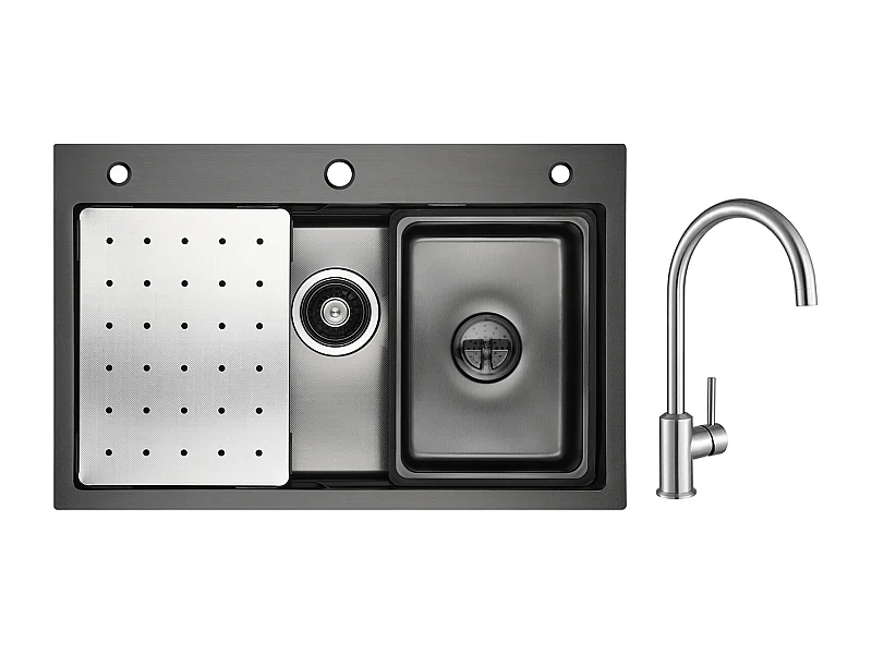 Évier de Cuisine 1 Cuve 70×45cm + Egouttoir + Vasque + Distributeur de Savon + Mitigeur de Cuisine en Inox Brossé