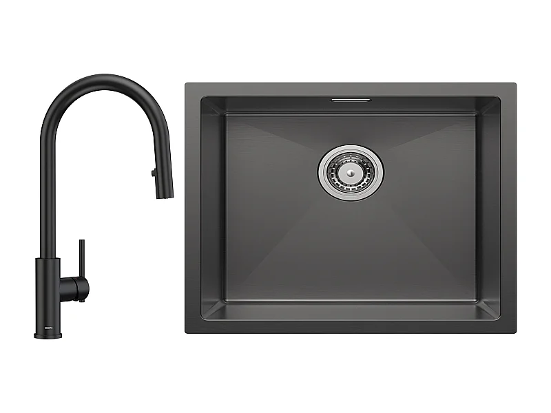 CECIPA MAX 1 spoelbak in zwart roestvrij staal Ingebouwde spoelbak 40 * 44 cm + keukenmengkraan met uittrekbare spray, 2 wateruitlaatmodi, zwart