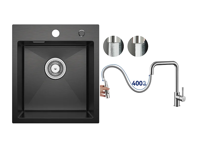 Evier Cuisine 1 Bac Noir Anthracite 40*45*19CM - Évier Inox Évier de Cuisine + Mitigeur avec Douchette Extractible, Brossé