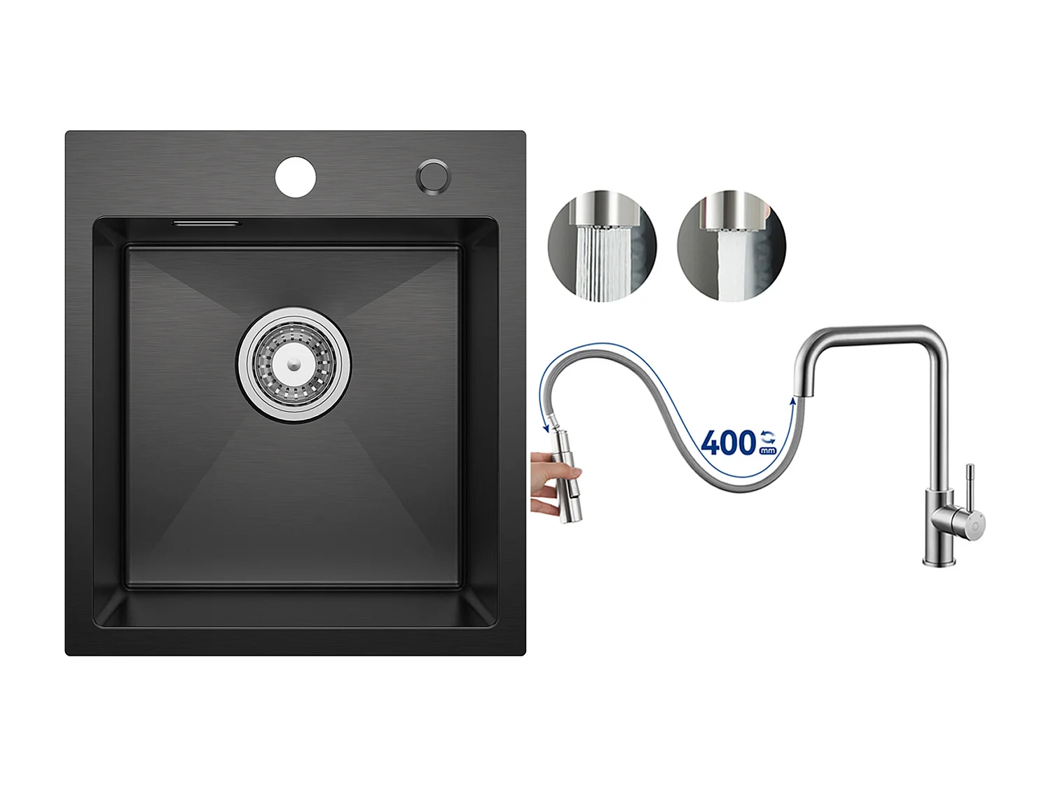 Evier Cuisine 1 Bac Noir Anthracite 40*45*19CM - Évier Inox Évier de Cuisine + Mitigeur avec Douchette Extractible, Brossé