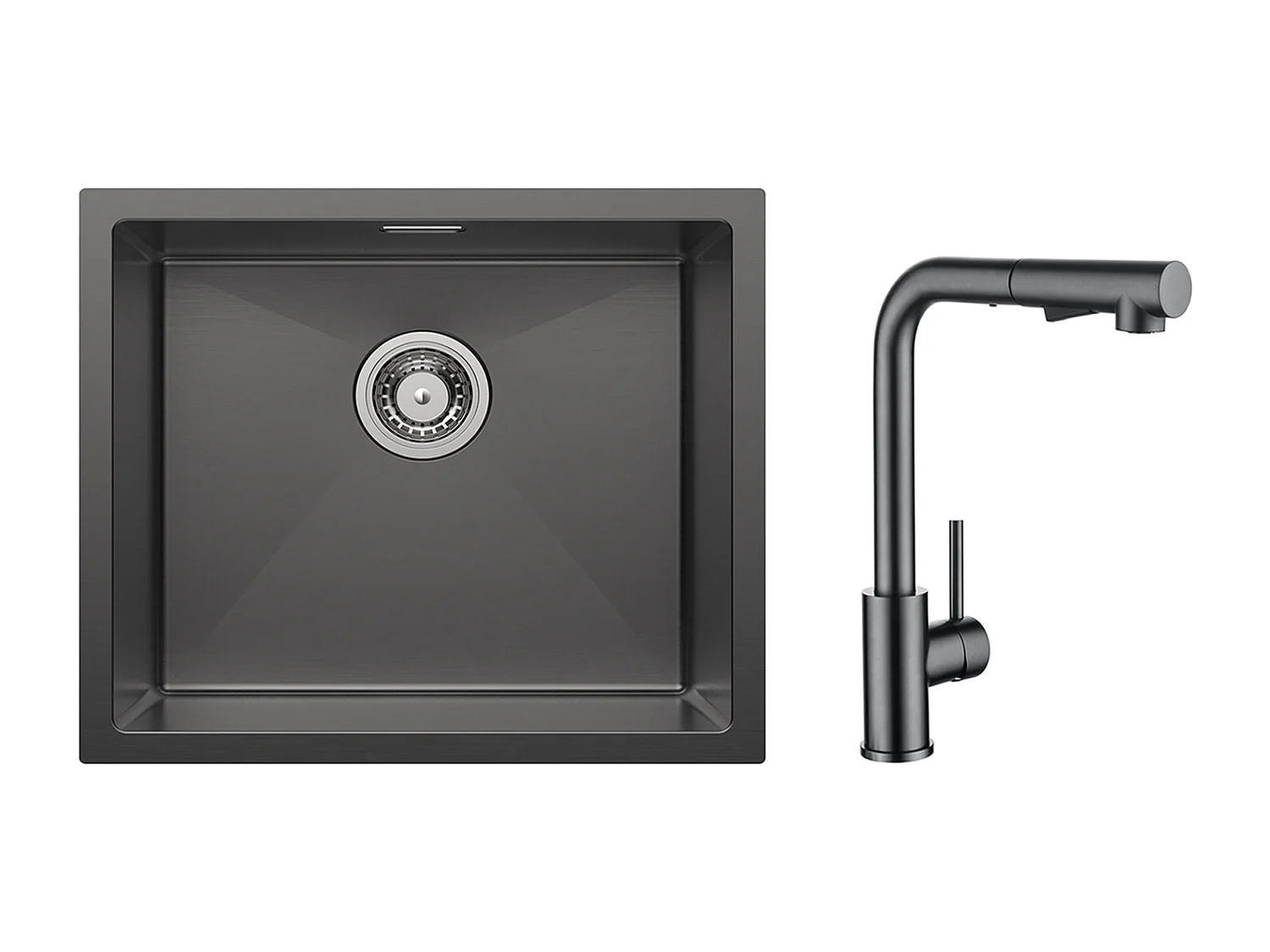 CECIPA MAX Keukenspoelbak 1 Bak RVS Spoelbak 50*44CM Antraciet Zwart + Keukenmengkraan Met Uittrekbare Spray