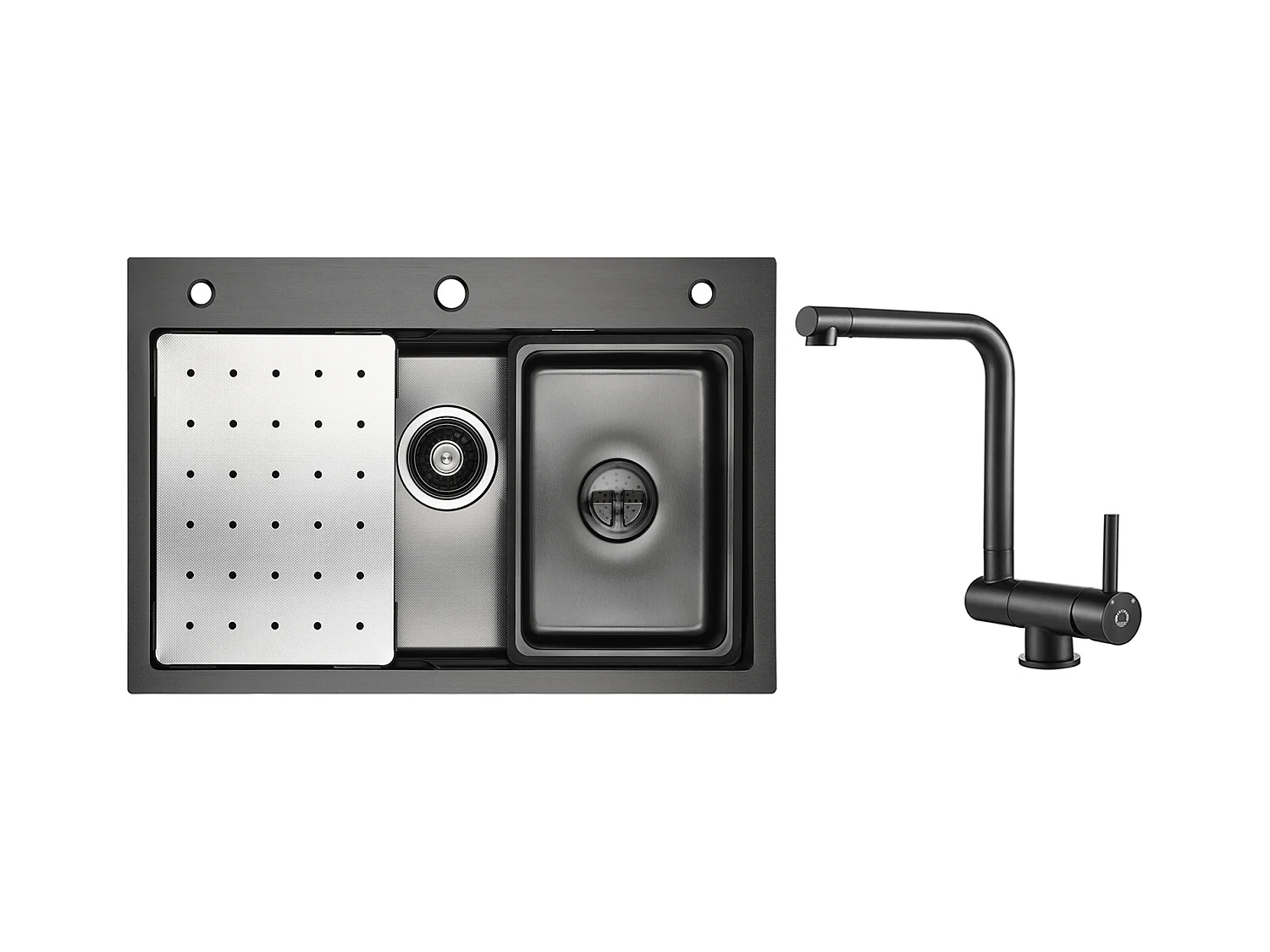 Évier de Cuisine 1 Cuve 70×45×21.5 cm + Egouttoir + Vasque + Distributeur de Savon + Mitigeur de Cuisine Rabattable Noir