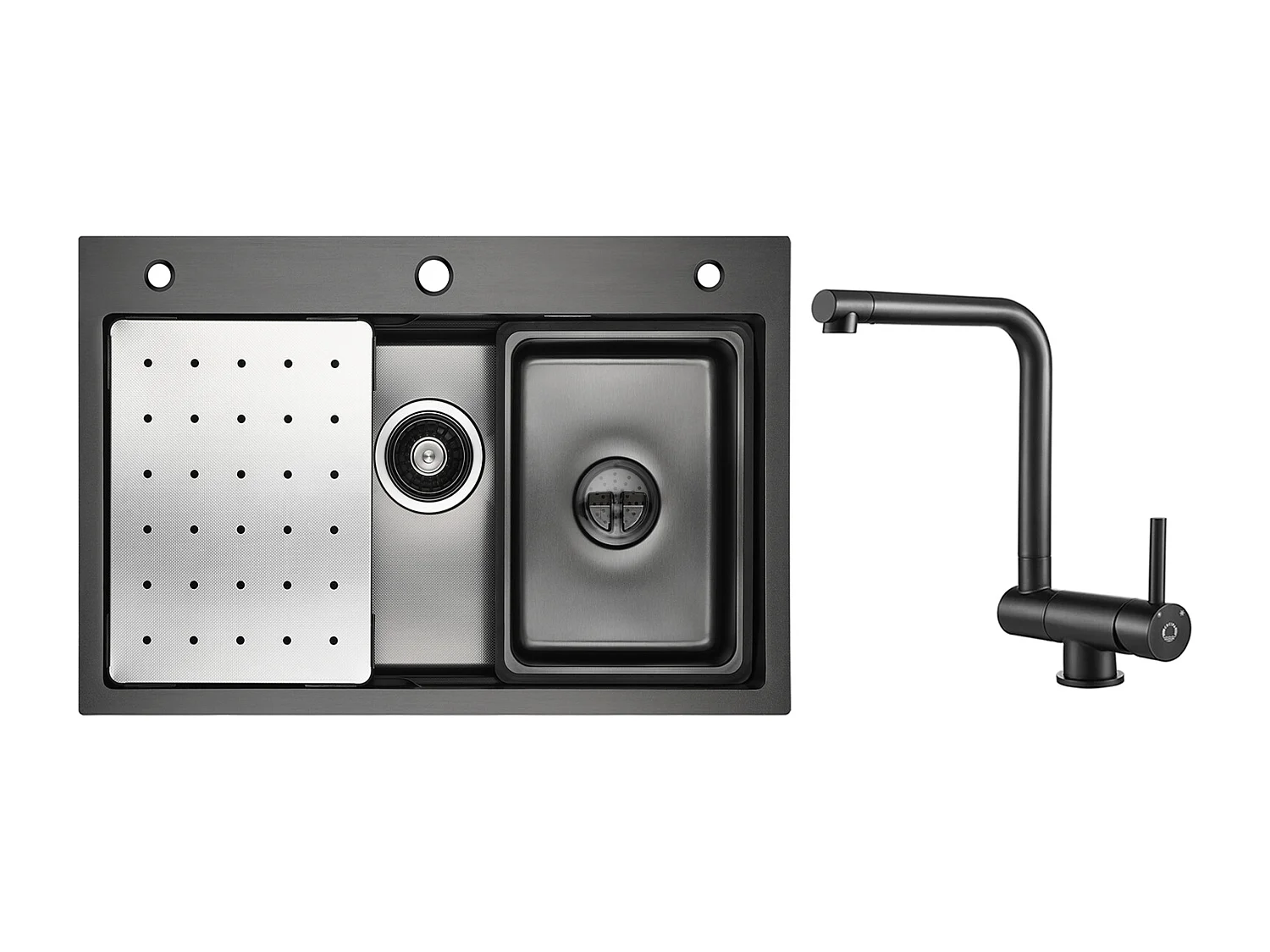 Évier de Cuisine 1 Cuve 70×45×21.5 cm + Egouttoir + Vasque + Distributeur de Savon + Mitigeur de Cuisine Rabattable Noir