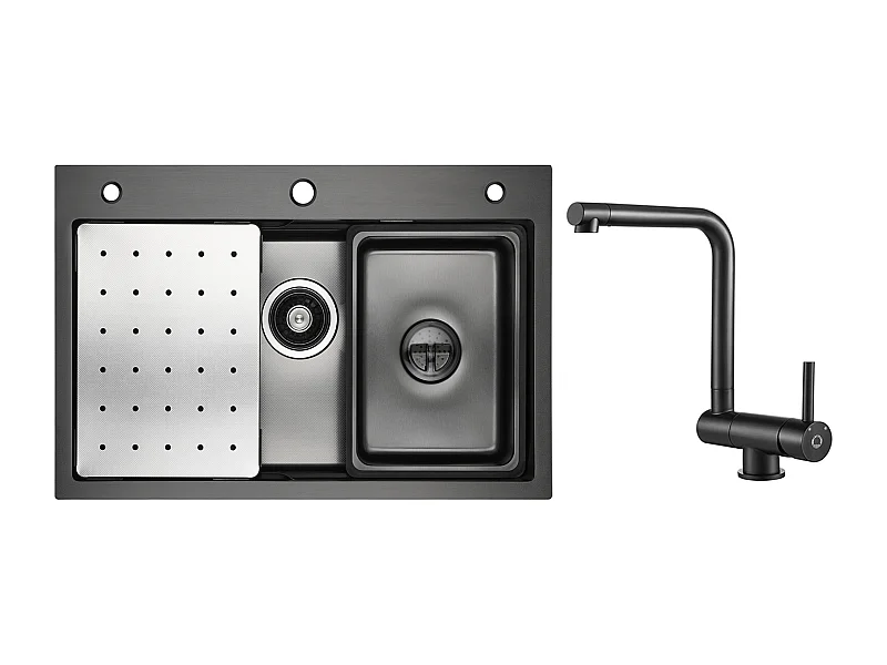 Lavello Cucina 1 Vasca 70×45×21,5 cm + Gocciolatoio + Vaschetta + Dosatore Sapone + Miscelatore Cucina Pieghevole Nero