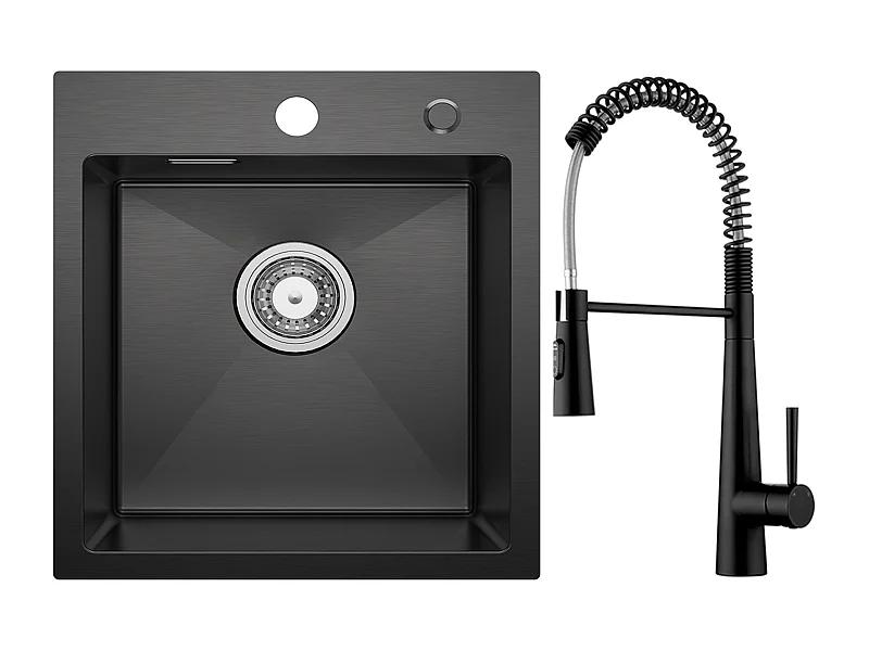 Cecipa max Evier de Cuisine Noir 40*45CM - Évier Inox Évier 1 Bac + Mitigeur de Cuisine à Ressort avec 3 Modes de Sortie D'eau, Noir