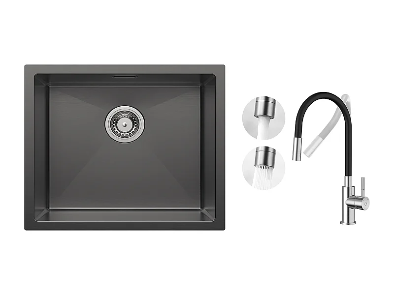 CECIPA MAX Évier 1 Bac 50*44cm Évier de Cuisine en Inox Noir Anthracite + Flexible Mitigeur de Cuisine, 2 Types de Jets  Robinet Extractible Brossé