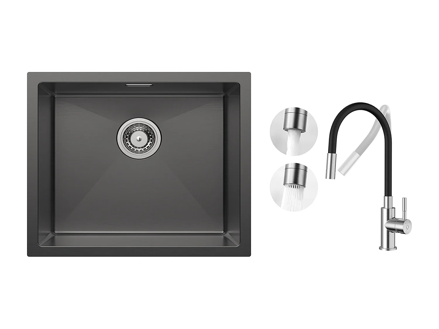 CECIPA MAX Évier 1 Bac 50*44cm Évier de Cuisine en Inox Noir Anthracite + Flexible Mitigeur de Cuisine, 2 Types de Jets  Robinet Extractible Brossé
