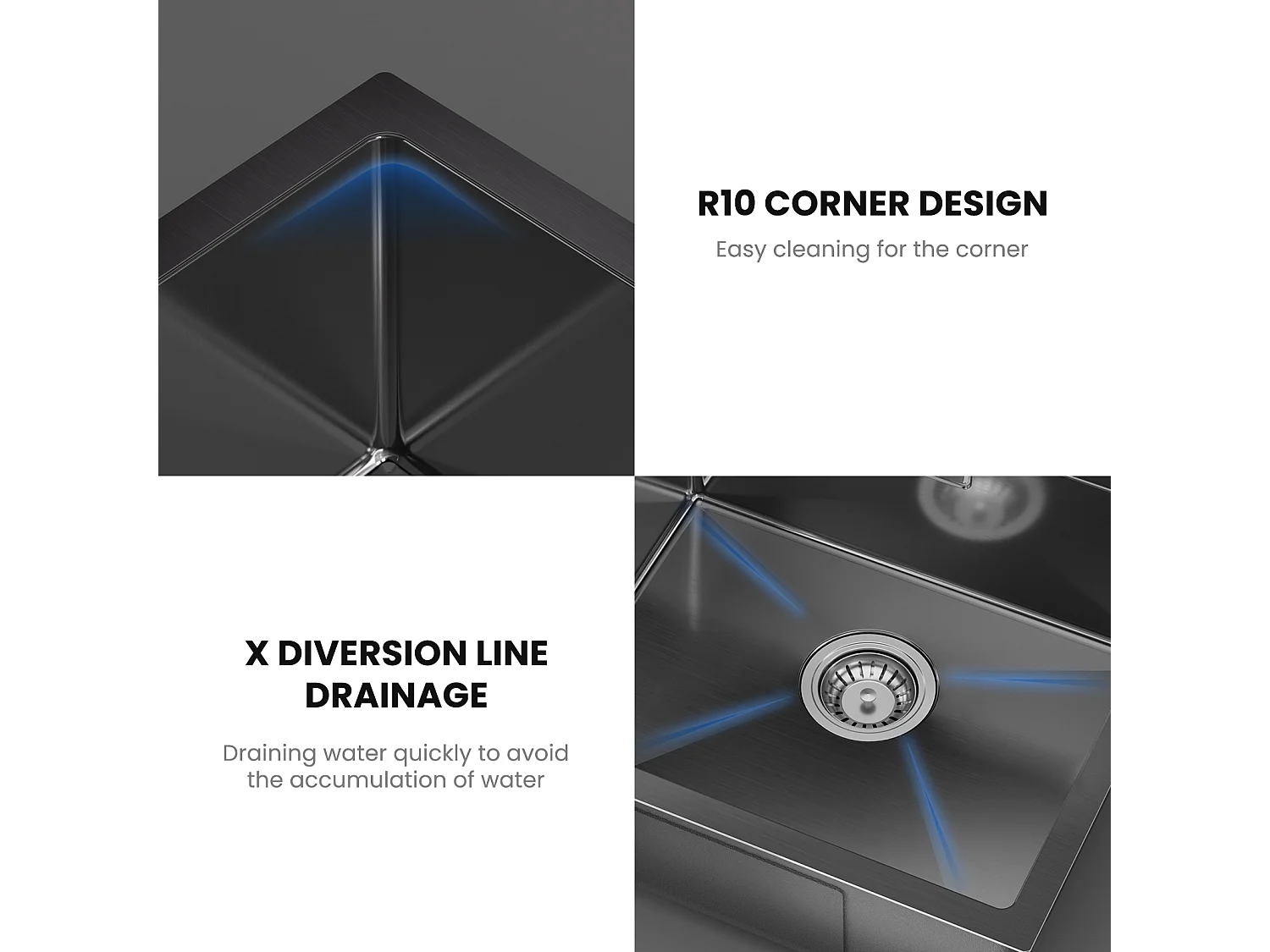CECIPA MAX Évier 1 Bac 50*44cm Évier de Cuisine en Inox Noir Anthracite + Flexible Mitigeur de Cuisine, 2 Types de Jets  Robinet Extractible Brossé