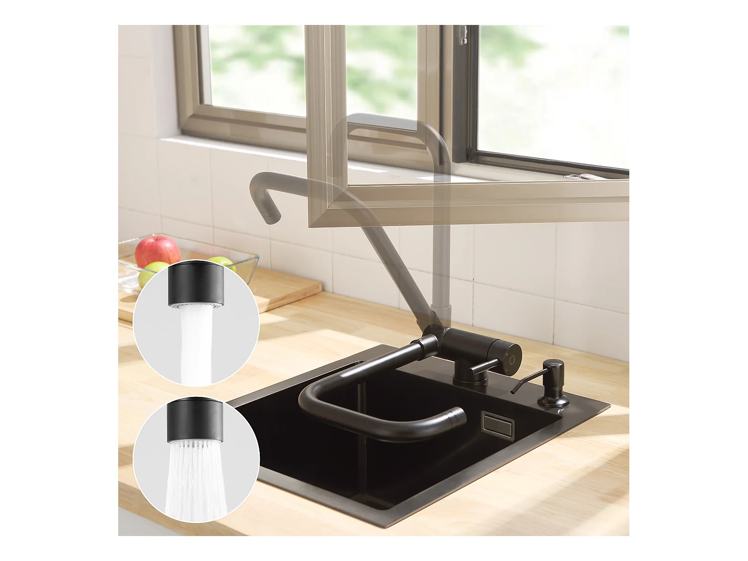 Cecipa max Évier Inox Encastré 40*44*19cm - Évier de Cuisine 1 Bac Noir + Cuisine Rabattable Noir Robinet Pliable Mitigeur de Cuisine Sous Fenêtre