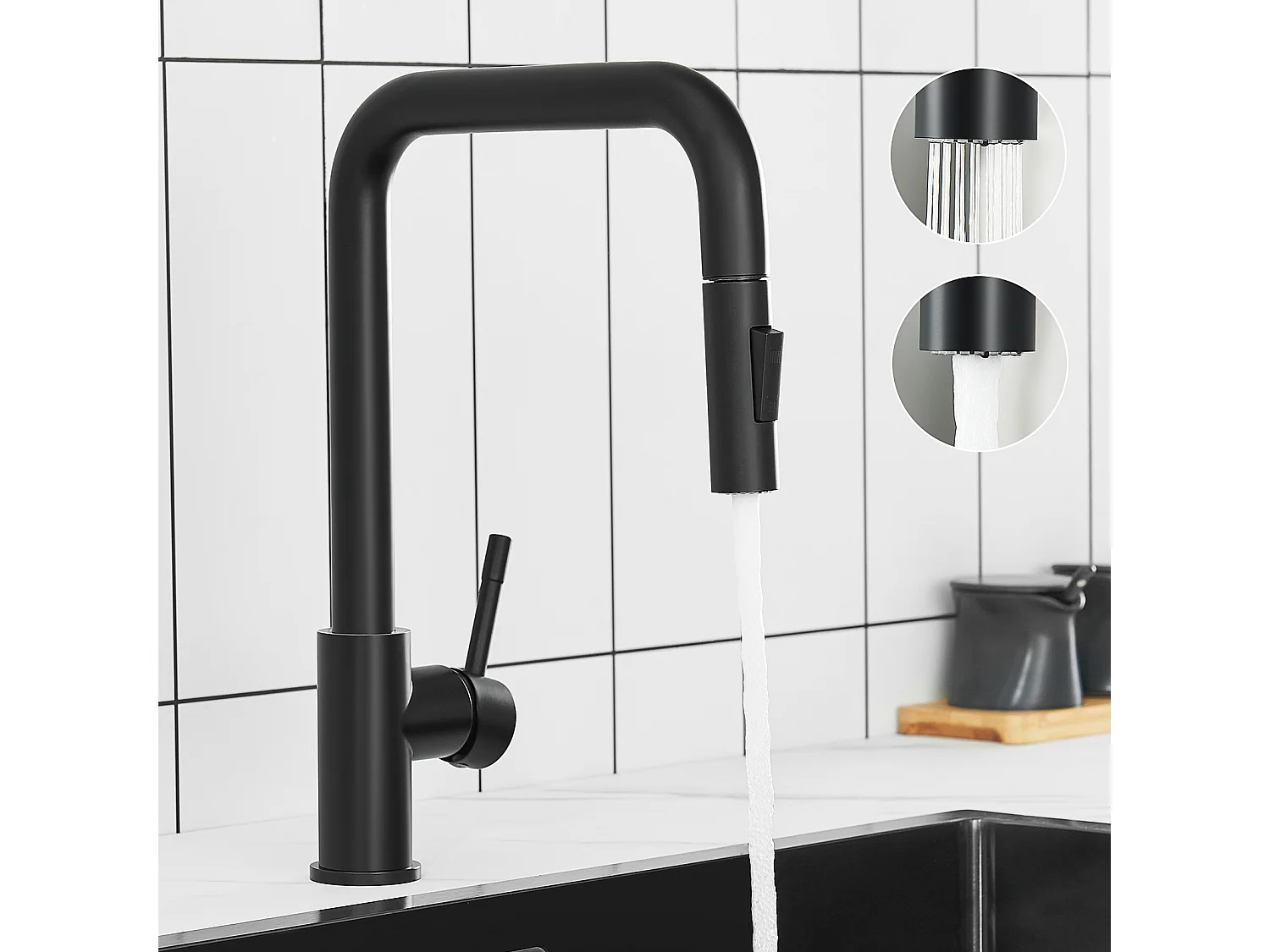 CECIPA MAX Fregadero de Cocina 1 Seno 50×45×18,5CM Fregadero de Acero Inoxidable Cepillado + Grifo Monomando con Ducha Extraíble, Negro