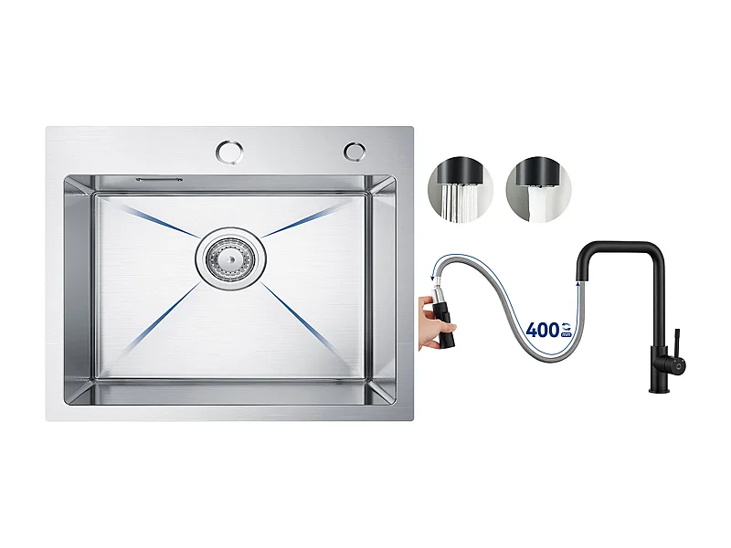 CECIPA MAX Évier Cuisine 1 Bac 50×45×18.5CM Évier Inox Brossé + Mitigeur avec Douchette Extractible, Noir