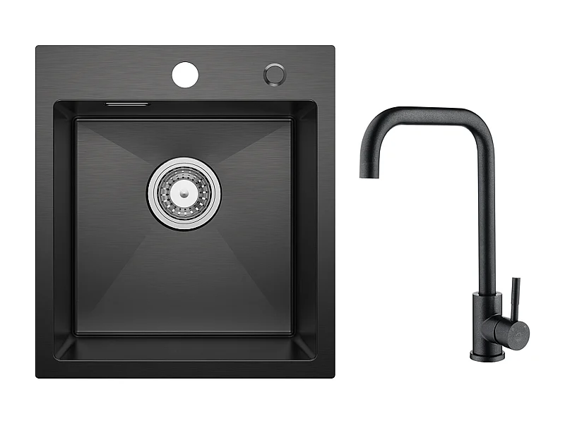 Lavello Cucina 1 Vasca Nero Antracite 40*45*19CM - Lavello Cucina Lavello Acciaio Inox + Miscelatore Cucina Acciaio Inox Nero Stellato con Bocca Alta e Curva
