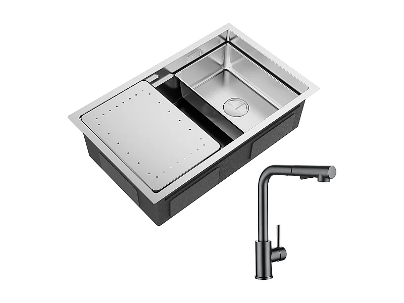 Lavello da Cucina 1 Vasca 70×44×21CM Lavello in Acciaio Inox Spazzolato con Gocciolatoio e Vaschetta + Miscelatore Cucina con Doccia Estraibile