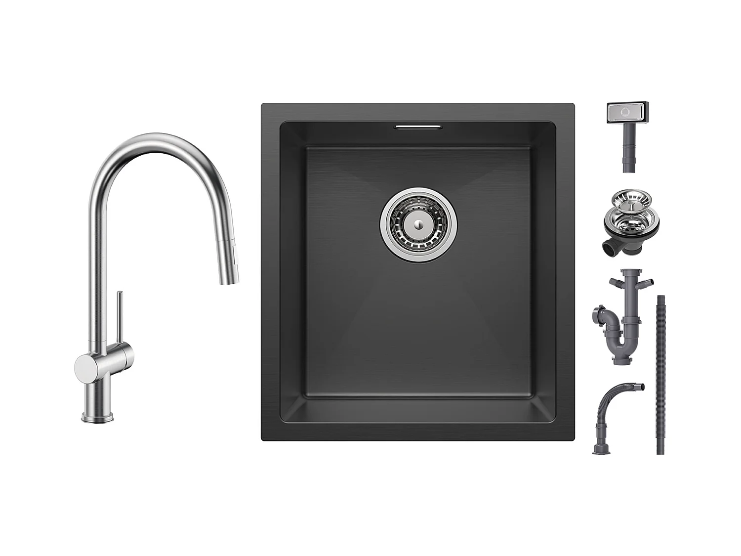 Cecipa max Évier Inox Encastré 40*44*19 cm - Évier de Cuisine 1 Bac Noir + Mitigeur de Cuisine avec Douchette Extractible, Robinet en Inox Brossé