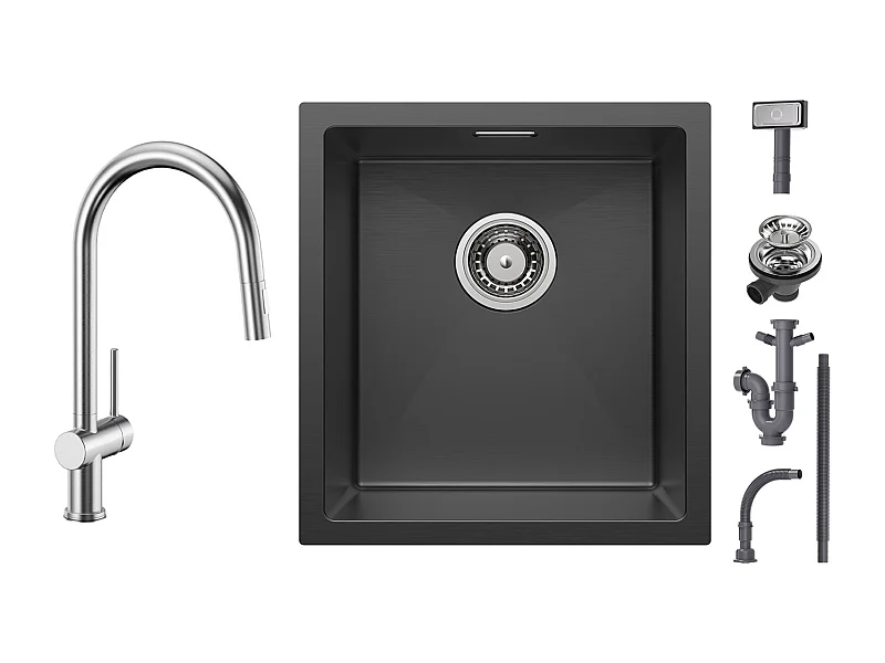 Cecipa max Inbouwspoelbak van roestvrij staal 40*44*19 cm - 1 kom Zwarte spoelbak + keukenmengkraan met uittrekbare sproeier, kraan van geborsteld roestvrij staal