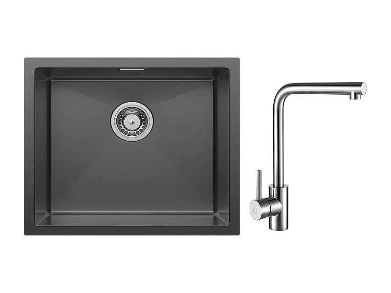 CECIPA MAX 1 Becken Küchenspüle Edelstahlspüle 50*44CM Anthrazit Schwarz + 360° Drehbare Spültischarmatur Gebürstet
