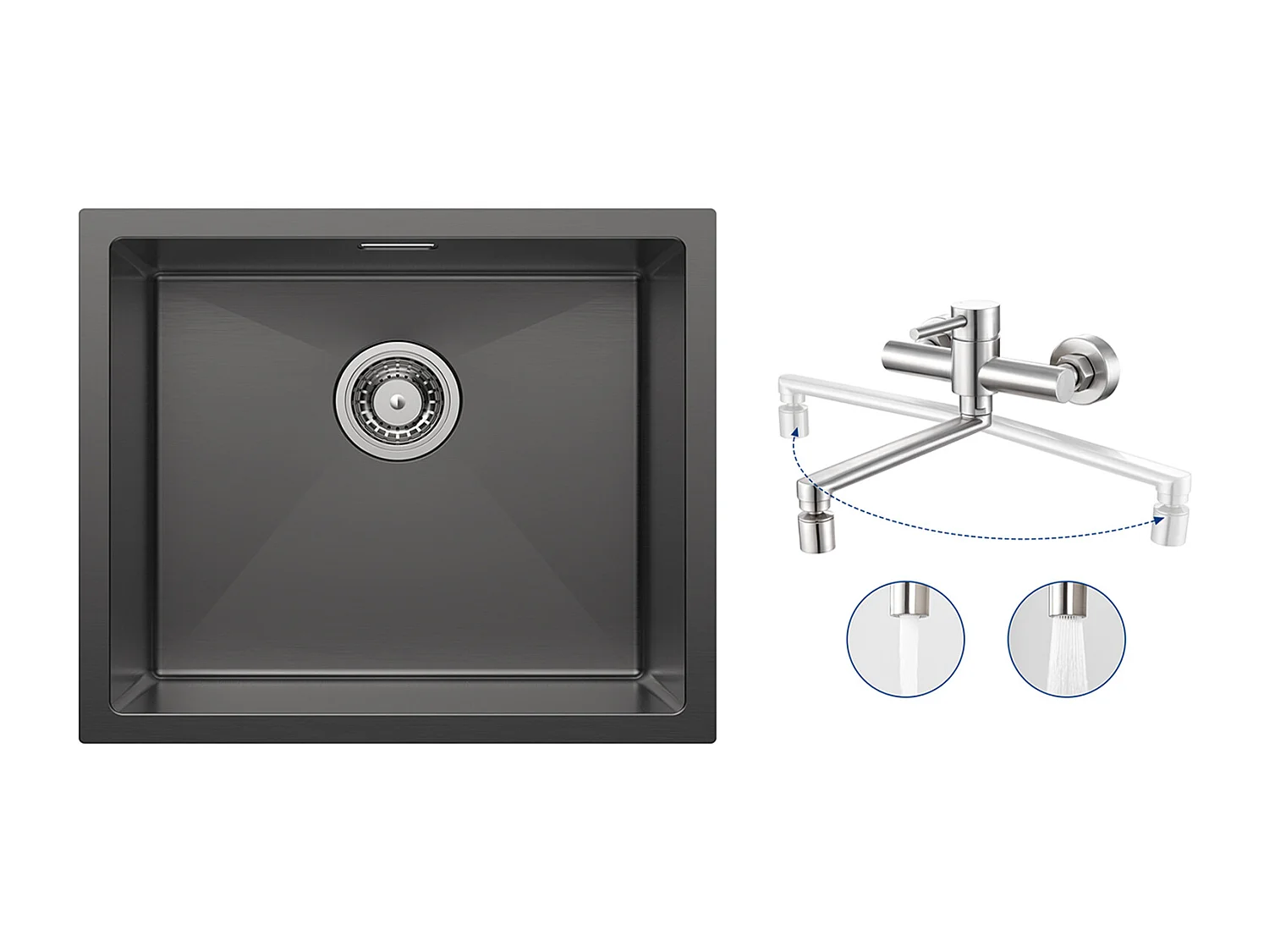 CECIPA MAX Évier de Cuisine 1 Bac Évier Inox 50*44CM Noir Anthracite + Mitigeur de Cuisine Mural avec 2 Jets Brossé