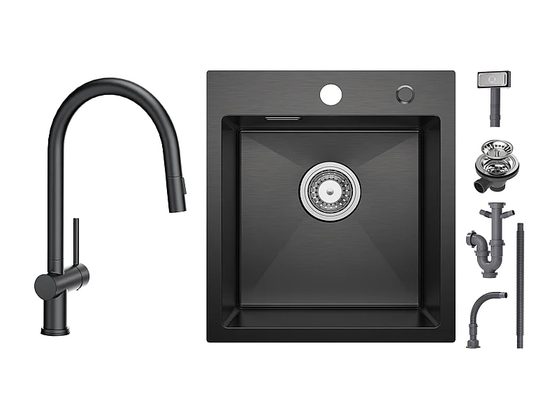 Cecipa max Fregadero de Cocina 1 Seno Negro 40*45*19CM - Fregadero de Acero Inoxidable 1 Seno + Mezclador de Cocina con Ducha Extraíble con 2 Tipos de Chorro Negro