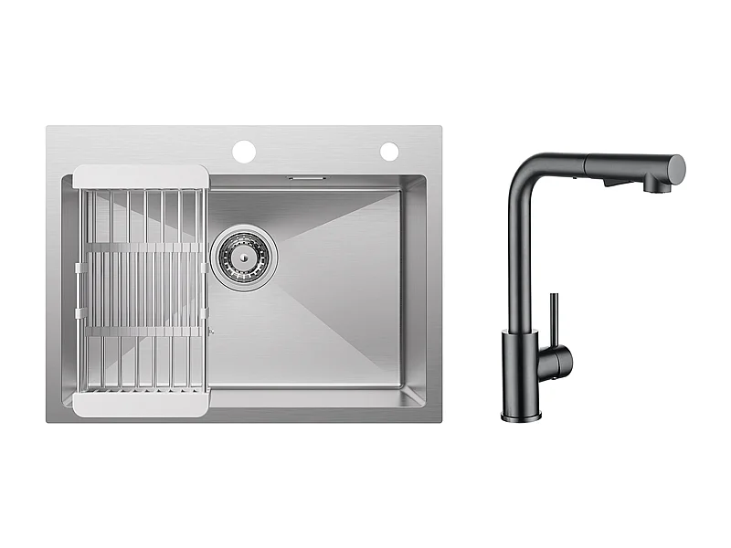 Fregadero de Cocina Fregadero de Acero Inoxidable Cepillado 1 Seno 60×45×18CM con Cesta de Drenaje + Grifo de Cocina Mezclador con Ducha Extraíble