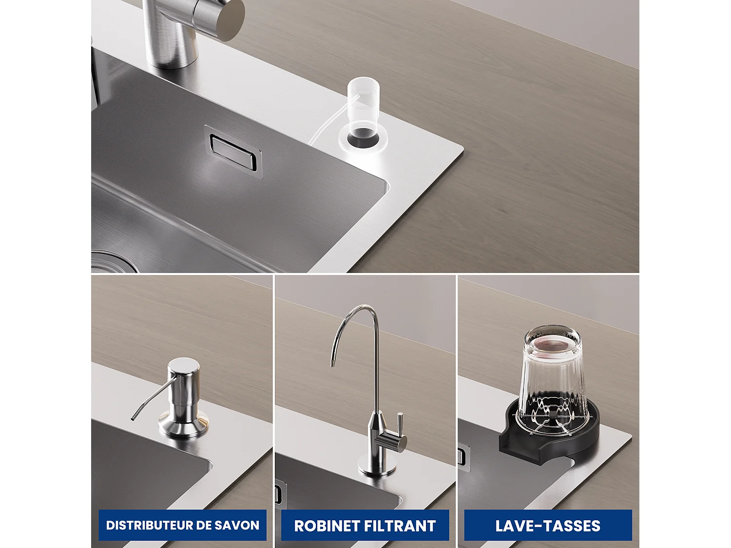 Lavello Cucina 1 Vasca 60×45×18CM Lavello Acciaio Inox Spazzolato con Cestello Scarico + Miscelatore Cucina Con Doccetta Estraibile