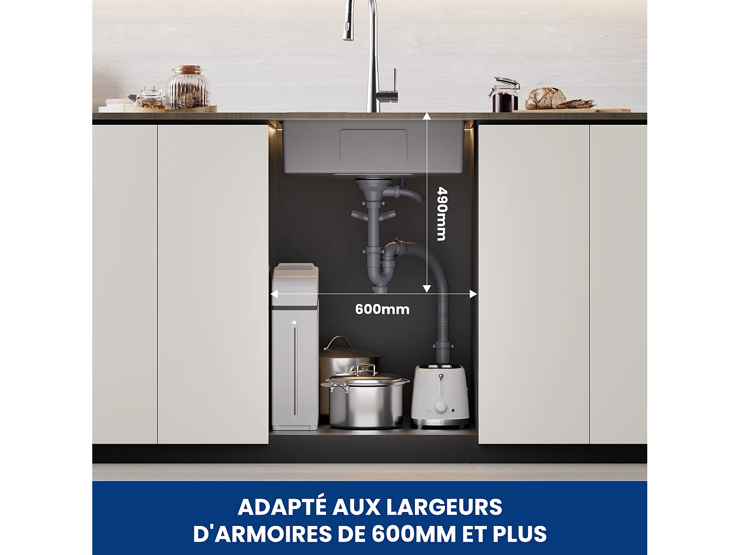 Lavello Cucina 1 Vasca 60×45×18CM Lavello Acciaio Inox Spazzolato con Cestello Scarico + Miscelatore Cucina Con Doccetta Estraibile