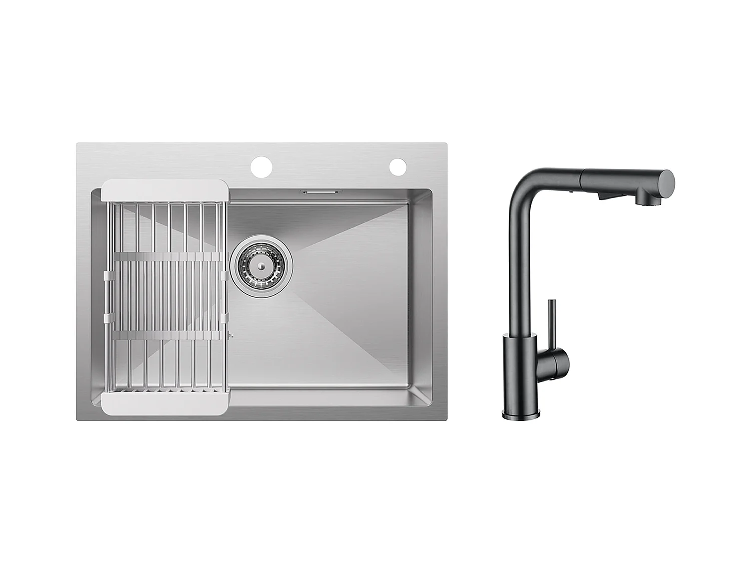Évier Cuisine 1 Bac 60×45×18CM Évier Inox Brossé avec Panier de Drainage + Mitigeur Cuisine Avec Douchette Extractible