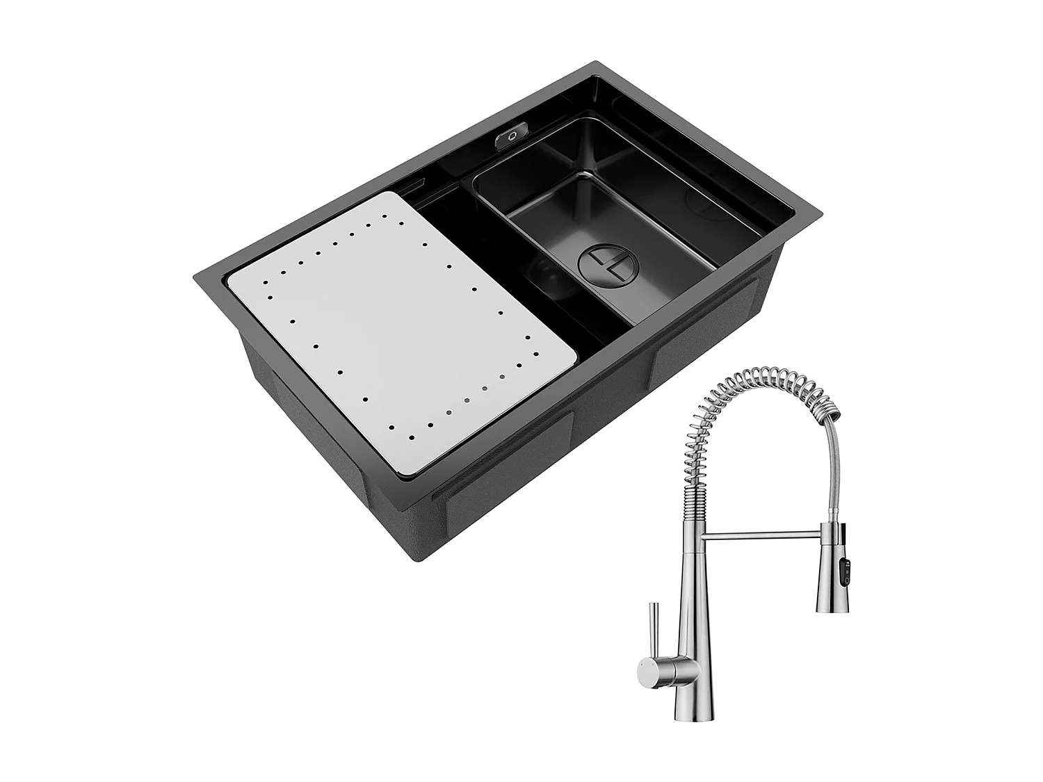 Cecipa max Évier 1 Bac 70×44CM Évier à Encastrer Noir avec Egouttoir et Vasque + Mitigeur de Cuisine à Ressort avec 3 Modes de Sortie D'eau, Brossé