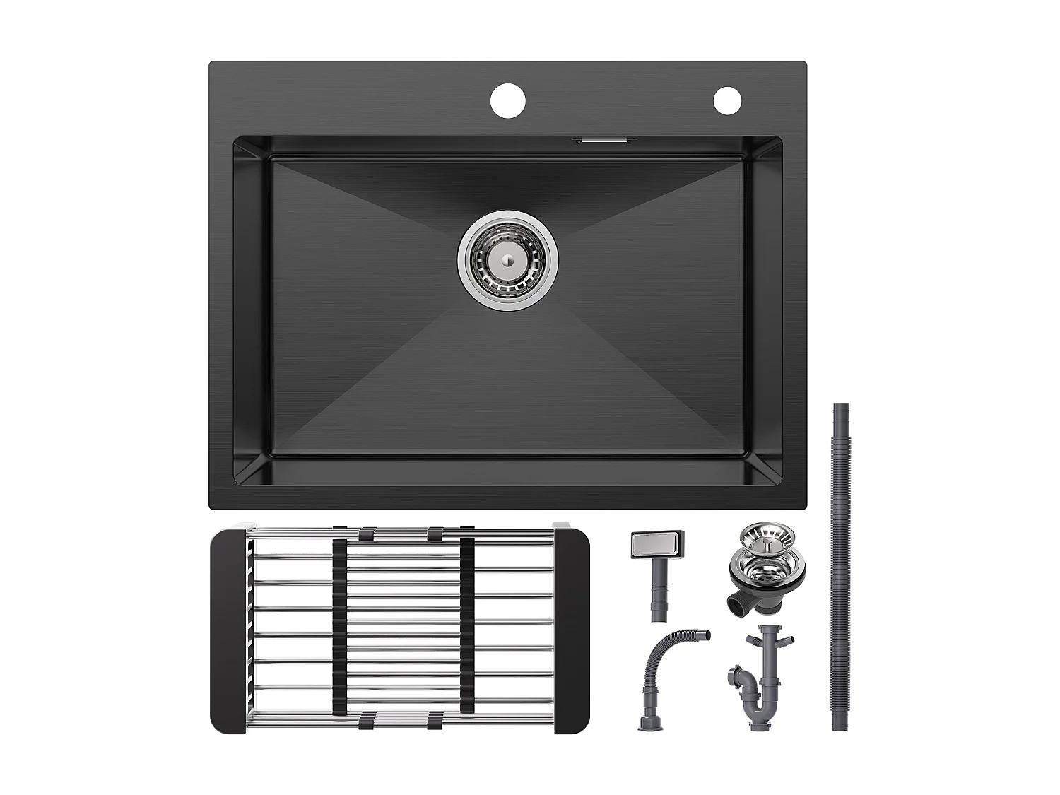 Cecipa max Évier 1 Bac Inox avec Panier de Drainage - Évier Cuisine Noir 60×45×18 cm + Robinet Cuisine Rabattable Mitigeur de Evier Repliable Brossé