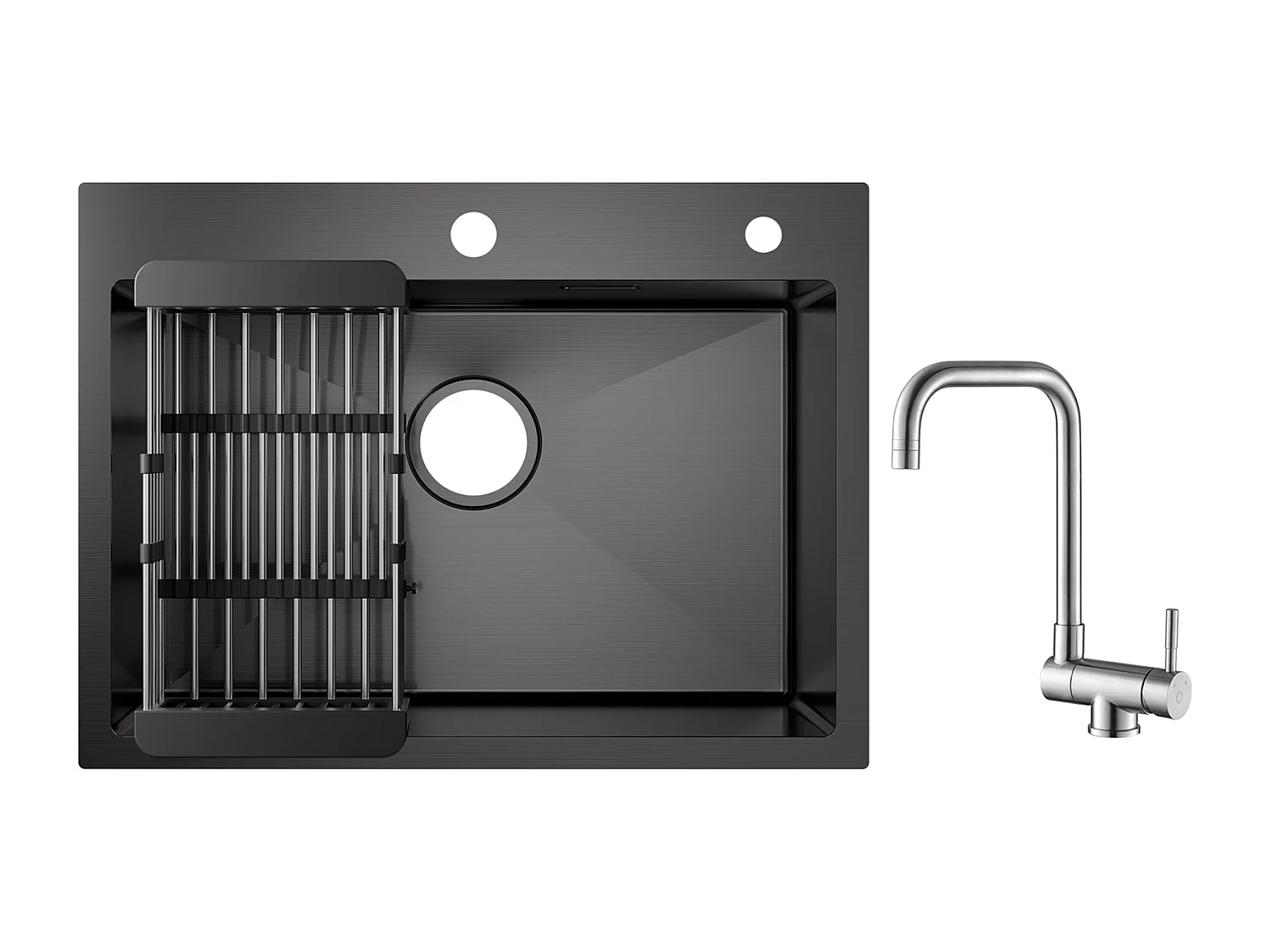 Cecipa max Évier 1 Bac Inox avec Panier de Drainage - Évier Cuisine Noir 60×45×18 cm + Robinet Cuisine Rabattable Mitigeur de Evier Repliable Brossé