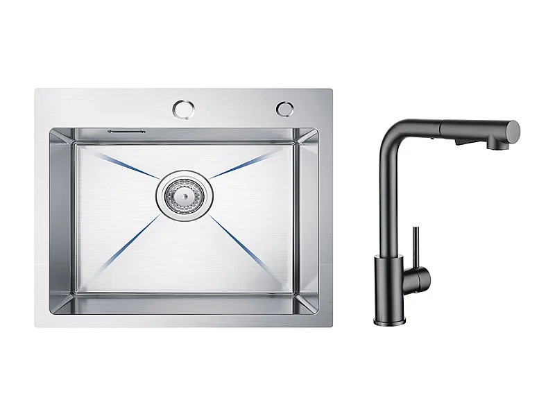 CECIPA MAX Fregadero de Cocina 1 Seno 50×45×18,5CM Fregadero de Acero Inoxidable Cepillado + Mezclador de Cocina con Ducha Extraíble