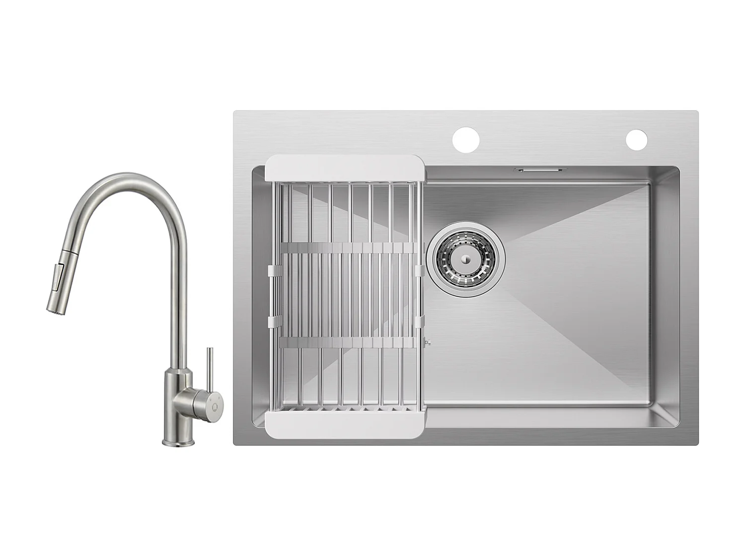 Cecipa max Évier Cuisine 1 Bac 60×45×18CM Évier Inox Brossé avec Panier de Drainage + Mitigeur avec Douchette Extractible - 2 Modes de Sortie D'eau