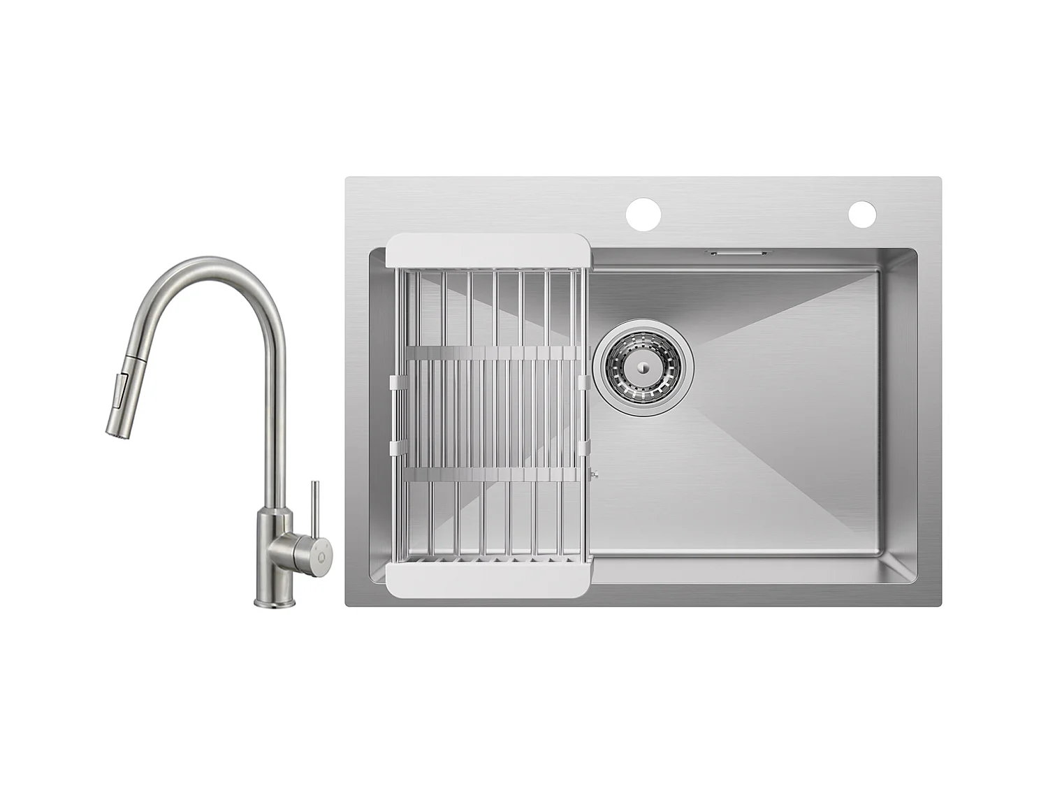 Cecipa max Évier Cuisine 1 Bac 60×45×18CM Évier Inox Brossé avec Panier de Drainage + Mitigeur avec Douchette Extractible - 2 Modes de Sortie D'eau