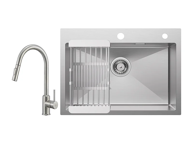 Cecipa max Évier Cuisine 1 Bac 60×45×18CM Évier Inox Brossé avec Panier de Drainage + Mitigeur avec Douchette Extractible - 2 Modes de Sortie D'eau