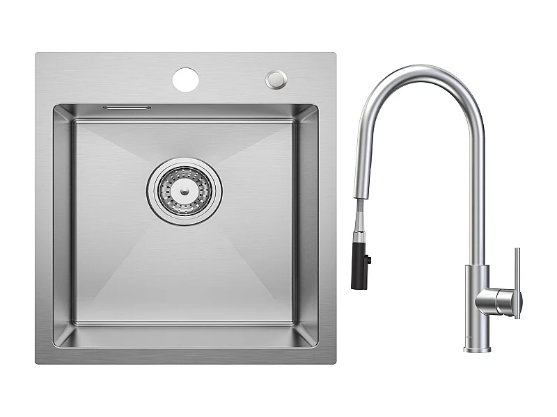 1 Becken Küchenspüle 40 × 45 cm Edelstahlspüle Gebürstet Einbauspüle + Küchenmischbatterie Mit Ausziehbarer Brause, 2 Wasserauslassmodi, Gebürstet