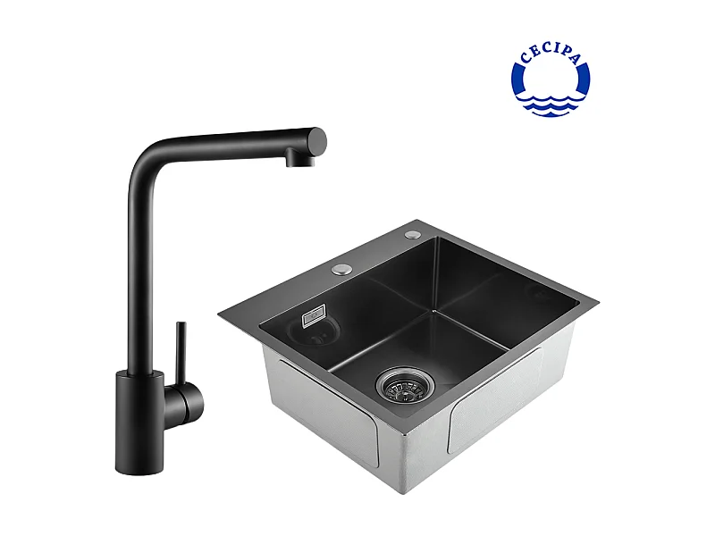 Lavello Cecipa max 2 in 1 1 vasca Nero grigio 50*45*18,5 cm + Miscelatore cucina per lavello Nero