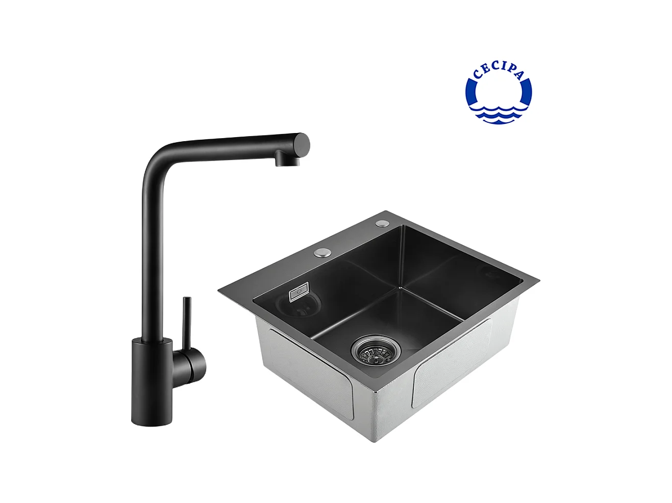 Cecipa max 2 en 1 Evier 1 bac Noir gris 50*45*18.5cm + Mitigeur de Cuisine Robinet pour Evier Noir