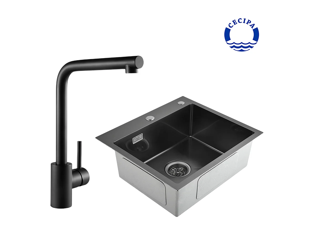 Cecipa max 2 en 1 Evier 1 bac Noir gris 50*45*18.5cm + Mitigeur de Cuisine Robinet pour Evier Noir