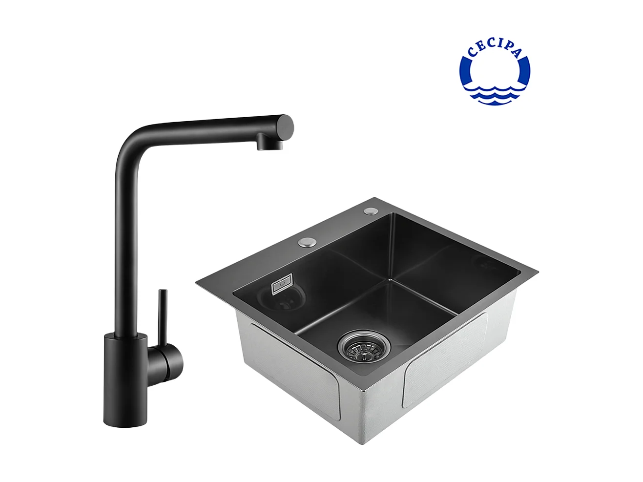 Cecipa max 2 en 1 Evier 1 bac Noir gris 50*45*18.5cm + Mitigeur de Cuisine Robinet pour Evier Noir