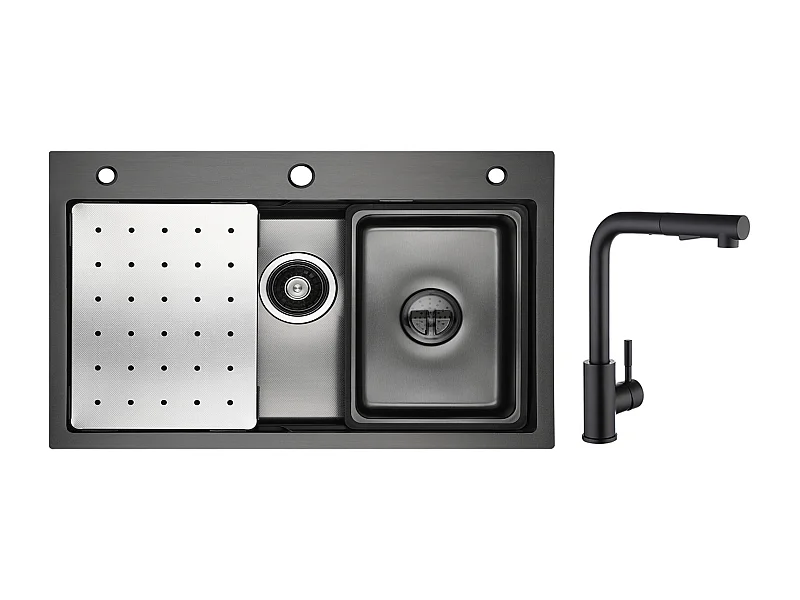 Cecipa max Évier 1 Bac 70×45 CM Noir avec Egouttoir, Vasque et Distributeur de Savon + Mitigeur de Cuisine avec Douchette Extractible Noir